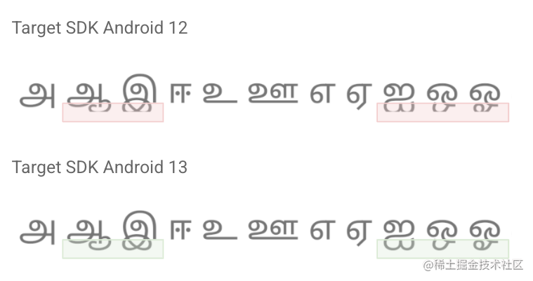 △ 以 Android 13 为目标平台的应用中的非拉丁文字行高改进效果 (下)