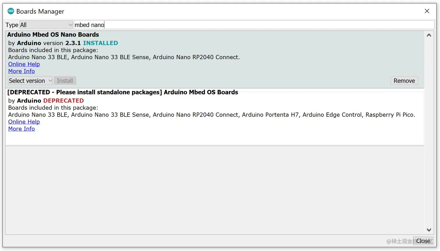 A screenshot of the Boards manager after installation. Everything is as described in the previous image except now there is additional text under the title which says version 2.3.1 INSTALLED. Where “INSTALLED” is highlighted in teal.