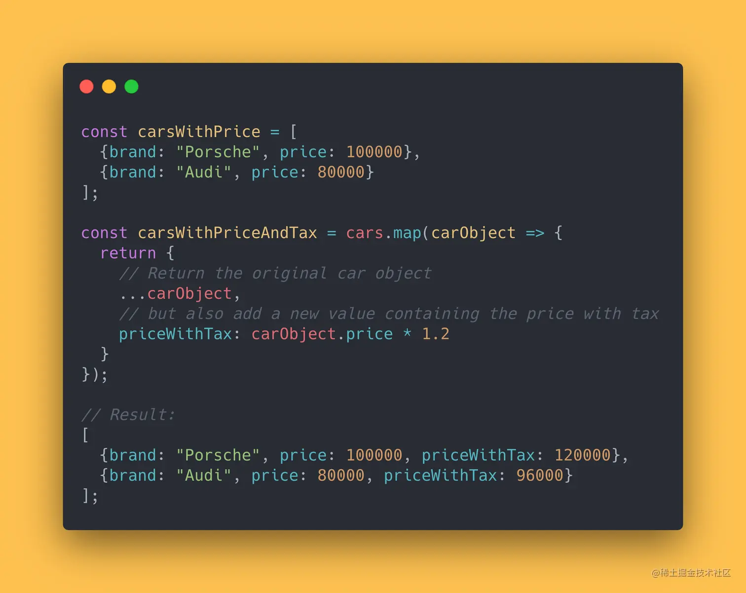 JS code block showing how to use the .map() method to create a new array containing the price with tax