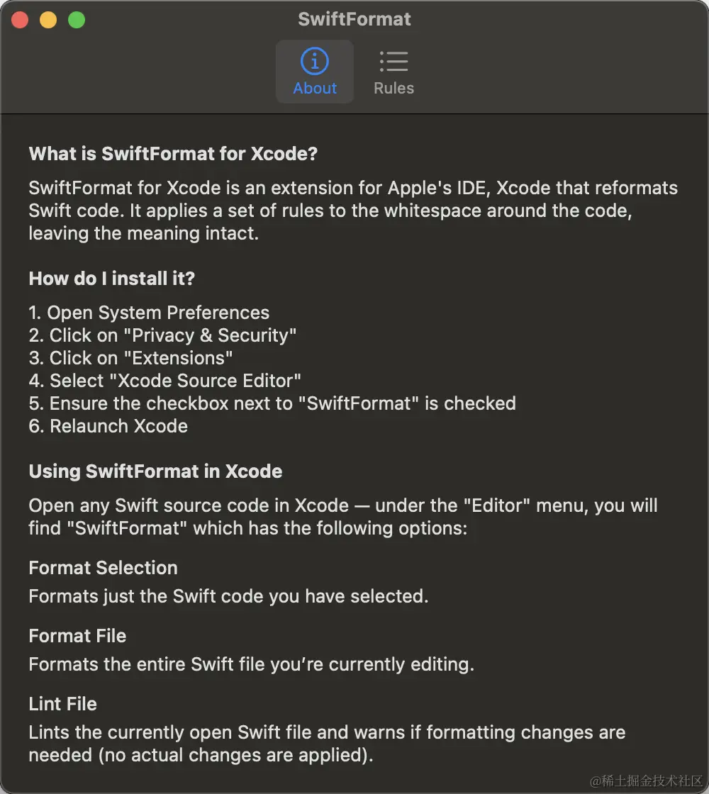 Xcode代码格式化SwiftFormat安装使用，以及不生效问题官方仓库地址：GitHub - nicklockwoo - 掘金