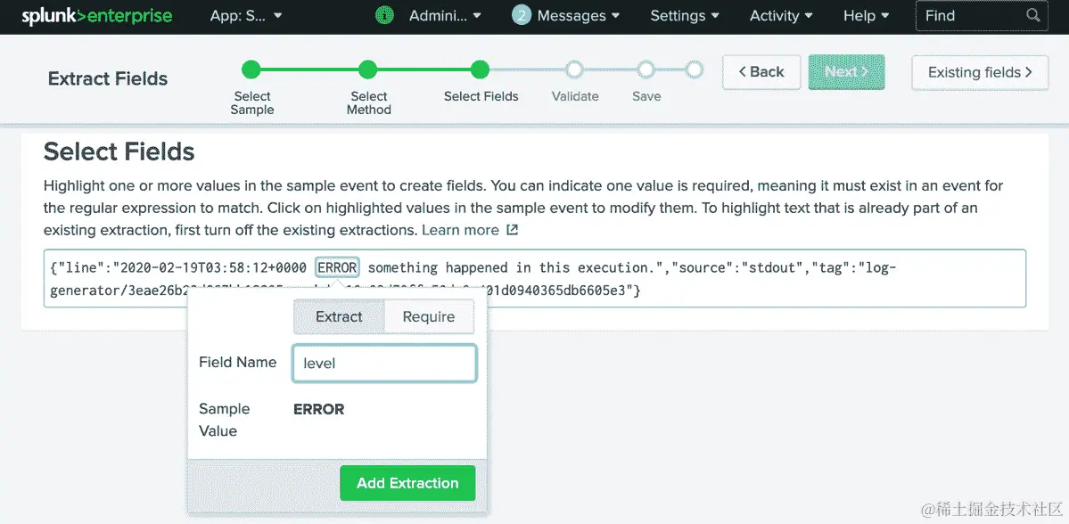 图 14.21：Splunk 中的字段提取