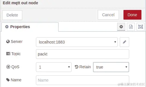 图 10.14 - 设置 mqtt out 节点的属性