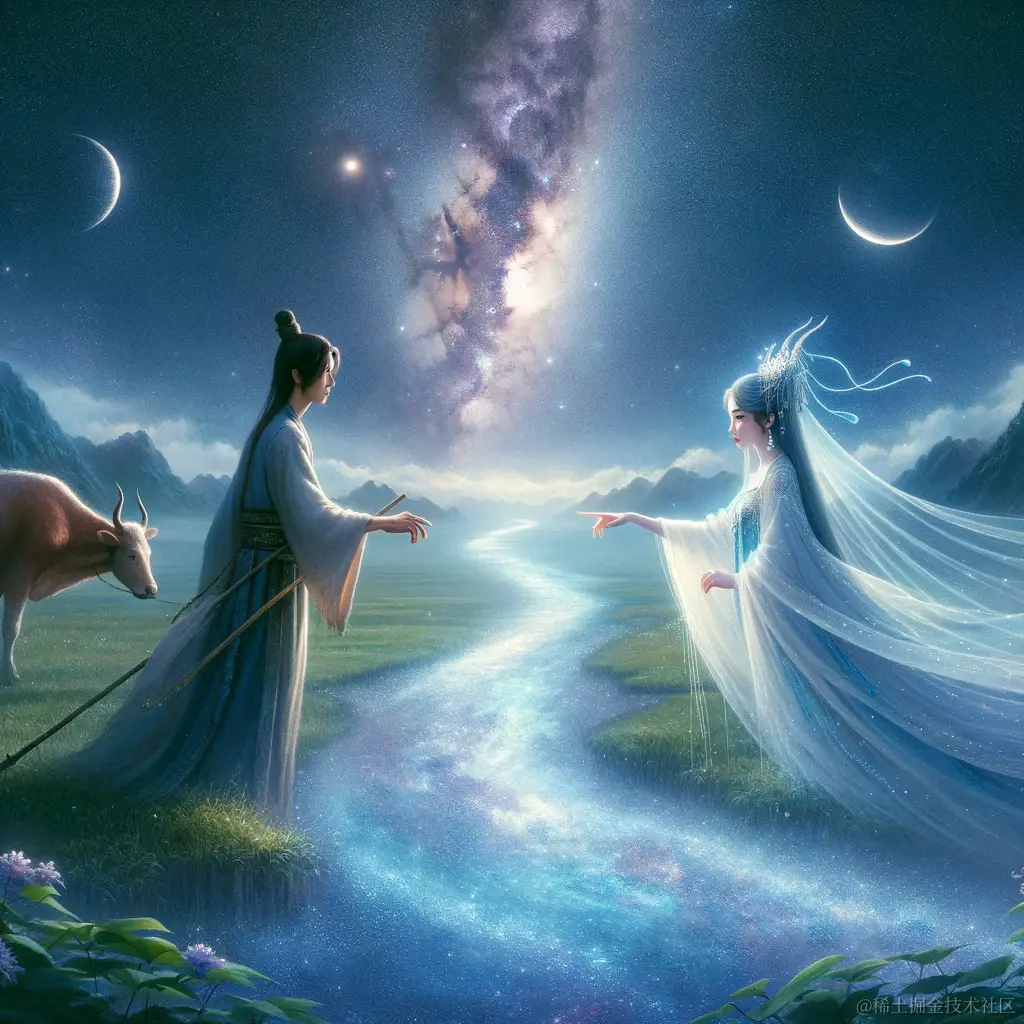 DALL·E 2024-01-24 17.26.24 - A beautiful and romantic scene inspired by the Chinese myth of the Cowherd and the Weaver Girl. The image shows the Milky Way galaxy as a shimmering r.png