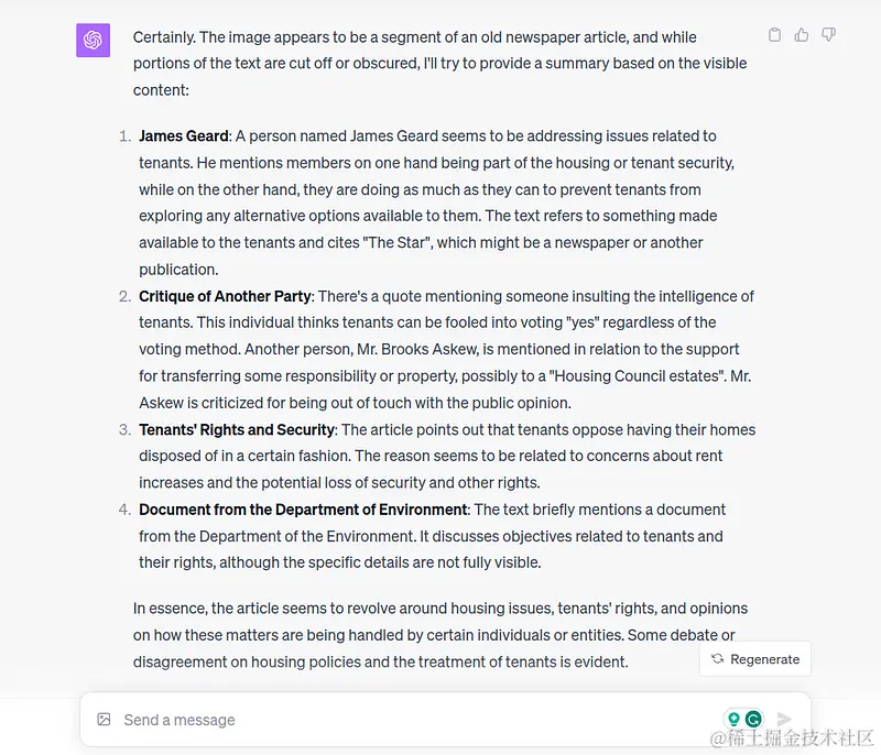 ChatGPT's response to the newspaper image