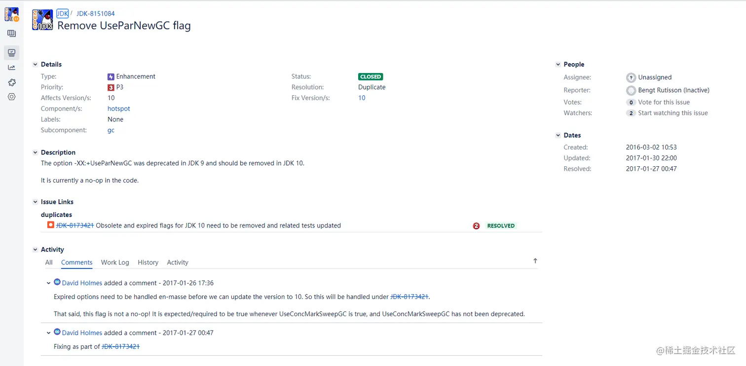 jdk10以上UseParNewGC被废弃了
