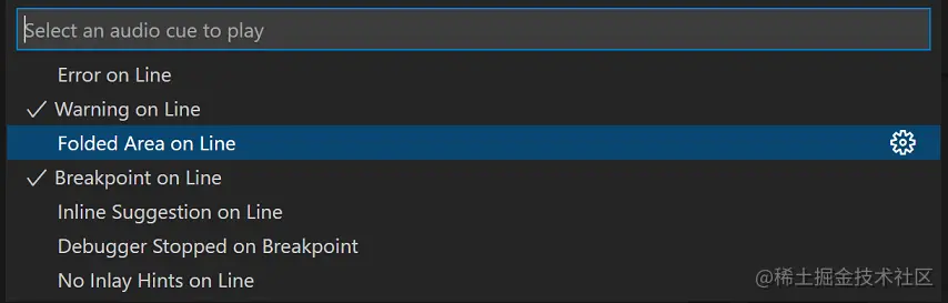 Audio cue help command dropdown with the warning and breakpoint audio cues enabled
