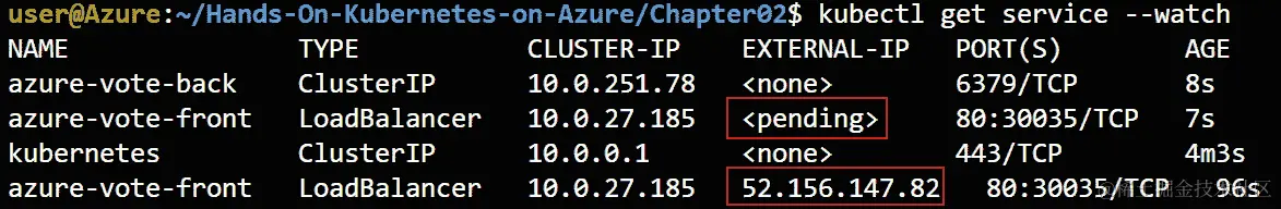 kubectl get service --watch 的输出。您可以看到服务 IP 从待定更改为实际 IP 地址。