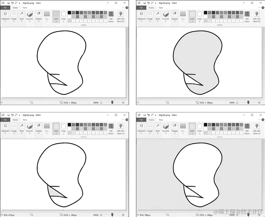 MS Paint 窗口的四个截图，包含相同的抽象、曲折形状。每个截图显示了不同的绘图封闭部分，颜色为灰色。
