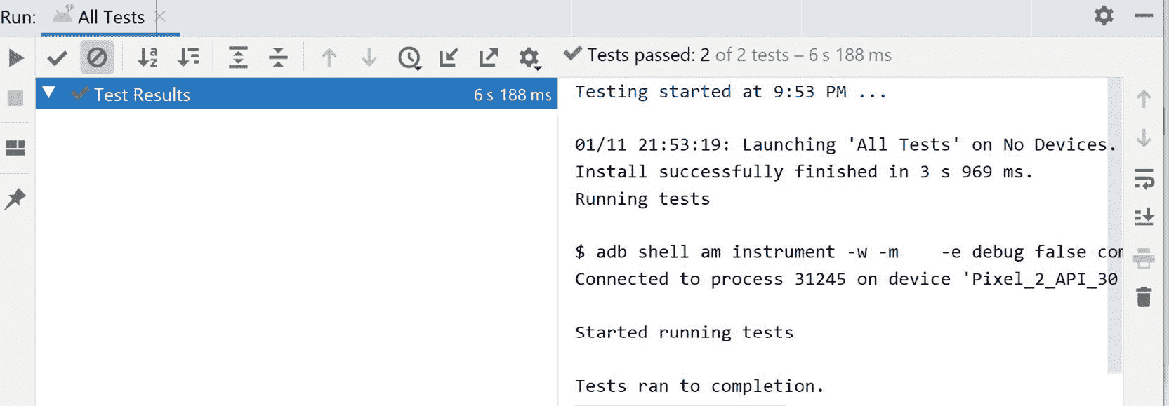 图 9.7:执行 Exercise 9.02 androidTest 文件夹中的测试的结果