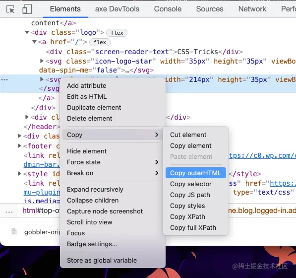 Show an open DevTools window with a contextual MacOS menu open on top of it with the option Copy highlighted, which opens to a second panel in the contextual menu where an option to copy the HTML is highlighted in bright blue.