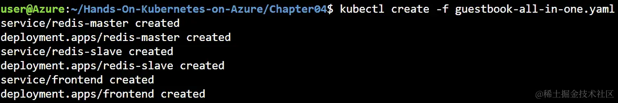 当您执行该命令时，您的命令行输出将列出已创建的服务和部署。