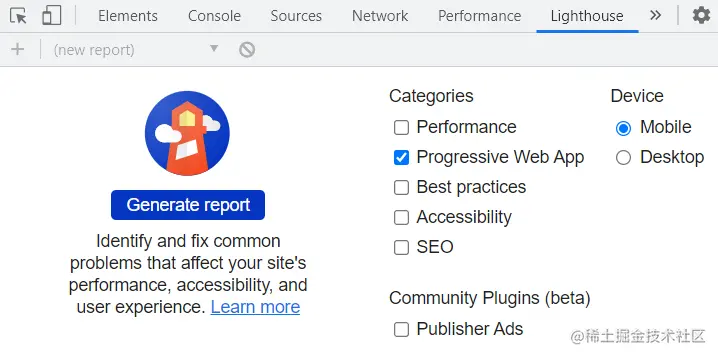 Screenshot showing the Lighthouse tab in desktop Chrome DevTools, with only the Progressive Web App report category checked