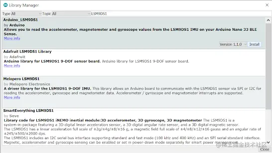 Screenshot of using the library manager to search for and install the Arduino_LSM9DS1 library.