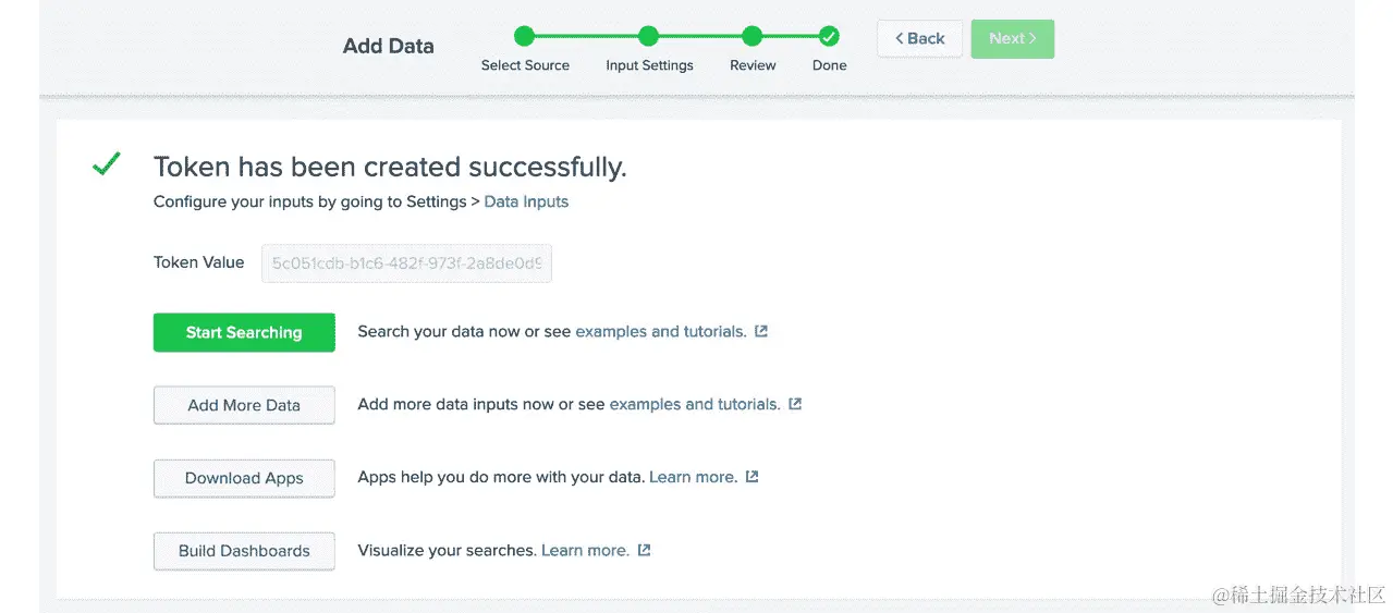 图 14.13：在 Splunk 上完成 HTTP 事件收集器