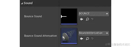 图 9.9：将 BoundSoundAttenuation 属性设置为 BounceAttenuation 资产