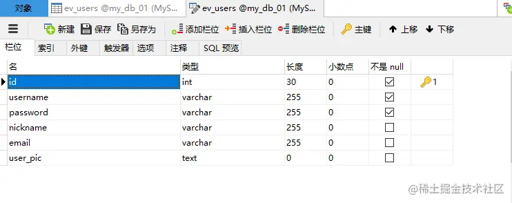 ev_users表结构