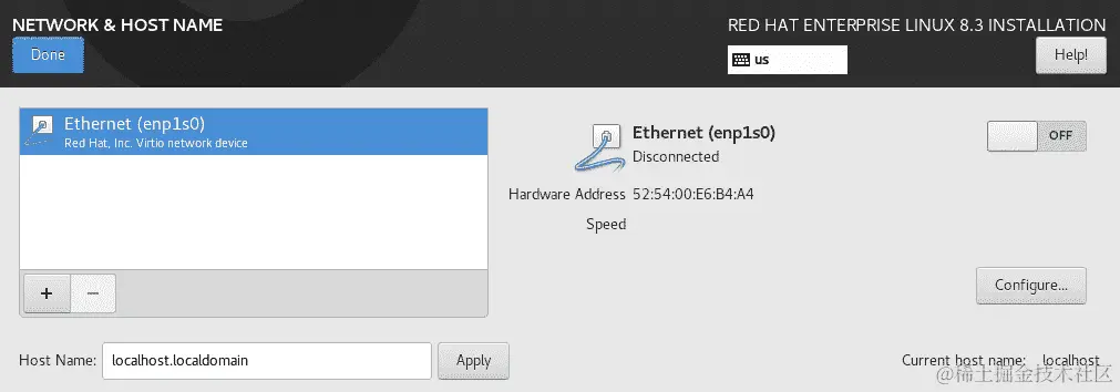 图 1.42 – RHEL8 安装 – 网络和主机名配置菜单