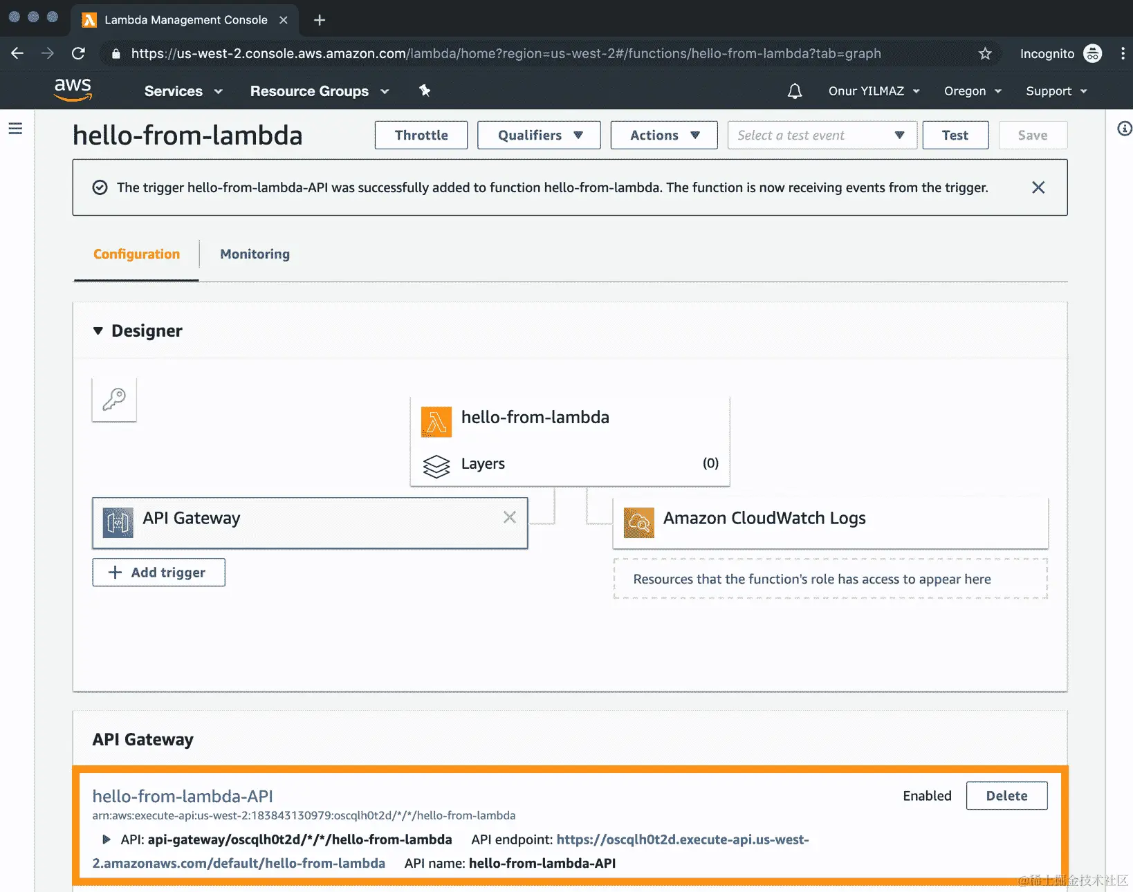 图 2.11：AWS Lambda – 触发器 URL