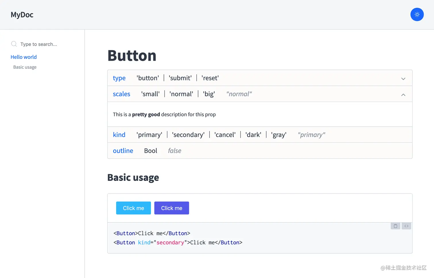 Table describing Button's props 
