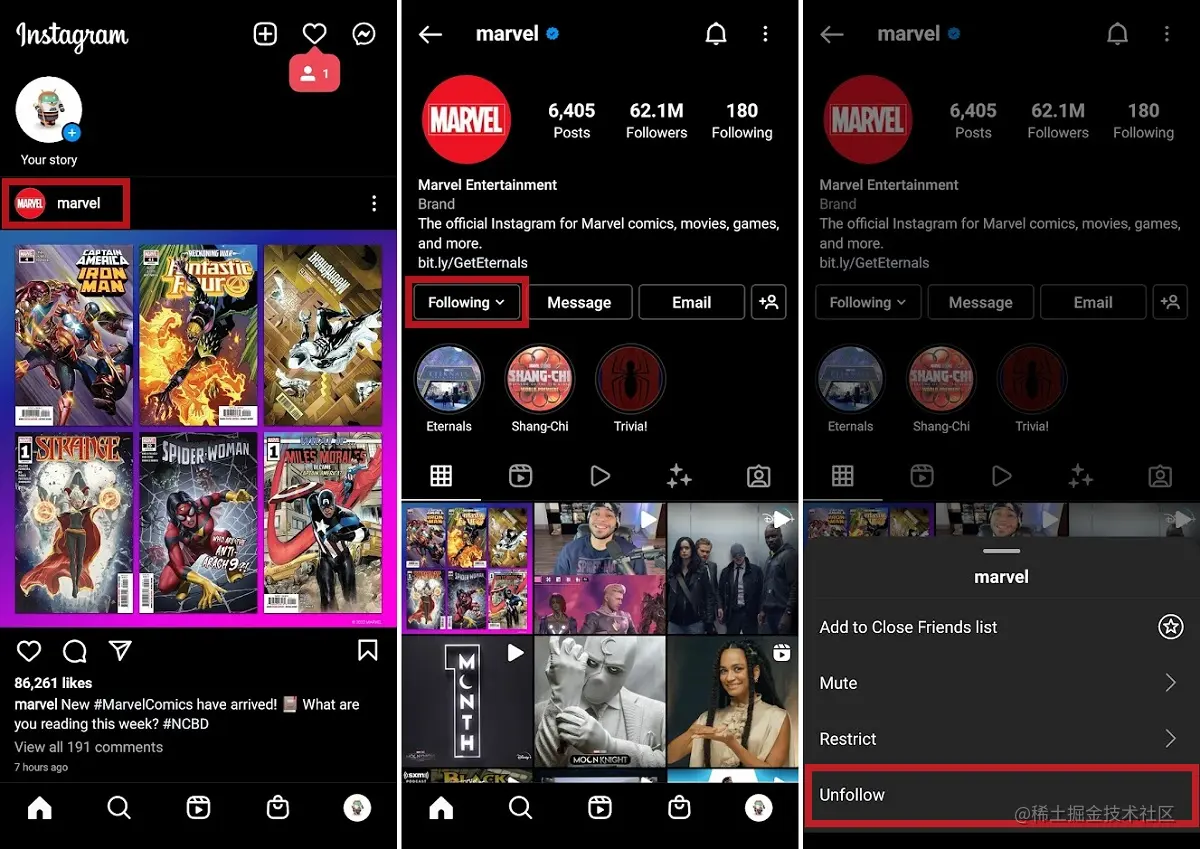 取消关注 Instagram 上的帐户