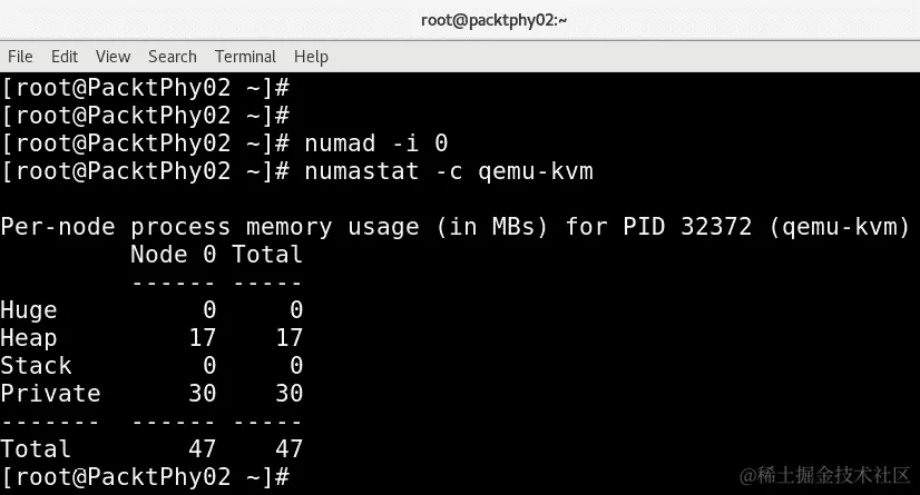 图 15.22 - qemu-kvm 进程的 numastat 命令输出