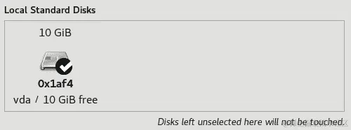图 1.36 – RHEL8 安装 – 安装目标菜单，选择了一个本地磁盘