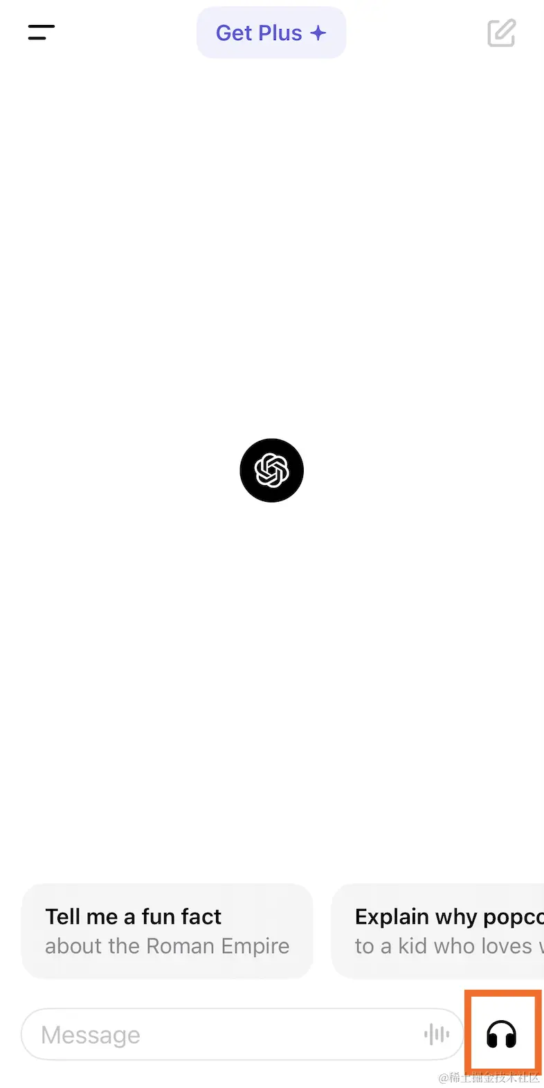 Conversation in the ChatGPT mobile app with the headphone icon selected.