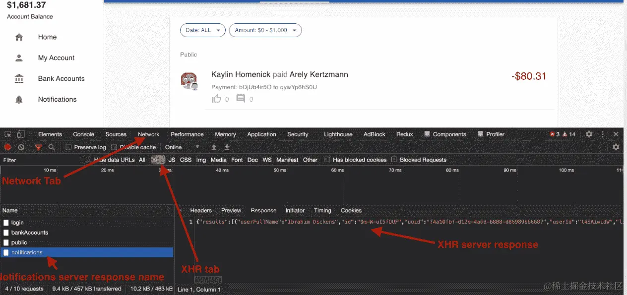 图 11.4 - Chrome 浏览器控制台上通知端点的服务器 XHR 响应