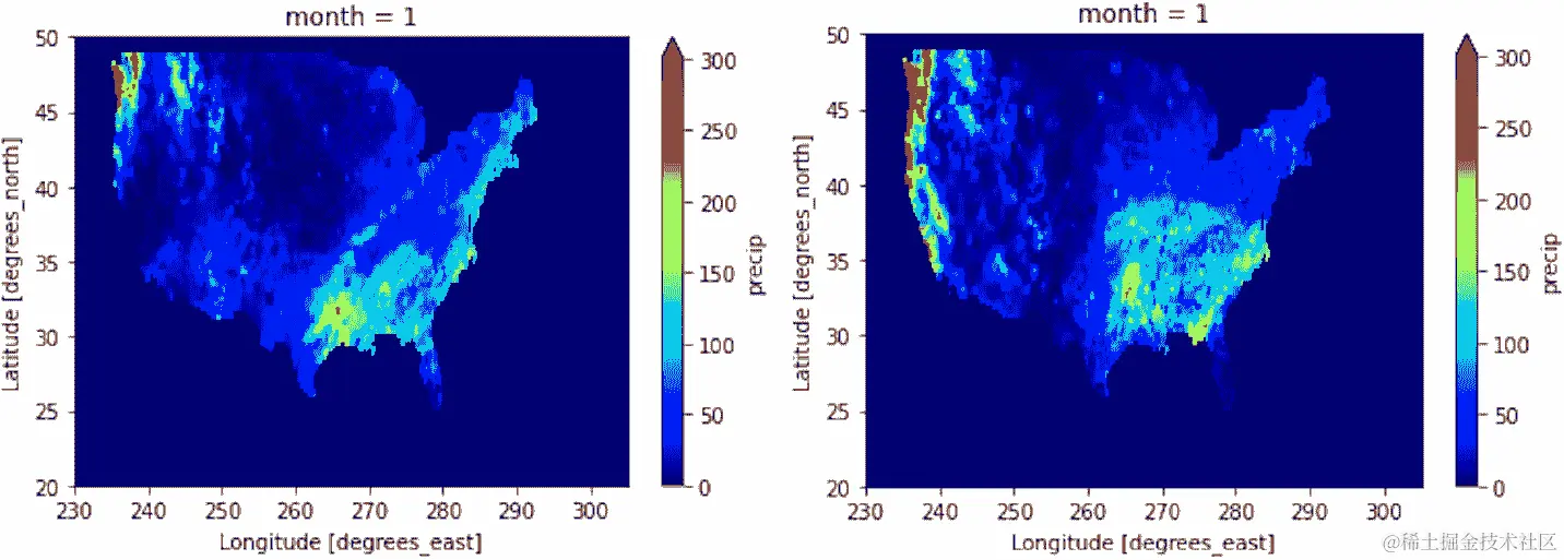 2015 年美国大陆月降水量（左）和 2021 年（右）