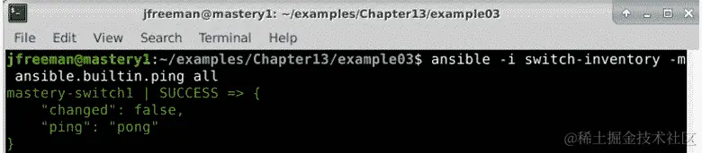 图 13.4 - 检查 Ansible 与我们的虚拟 Cumulus Linux 交换机的连接