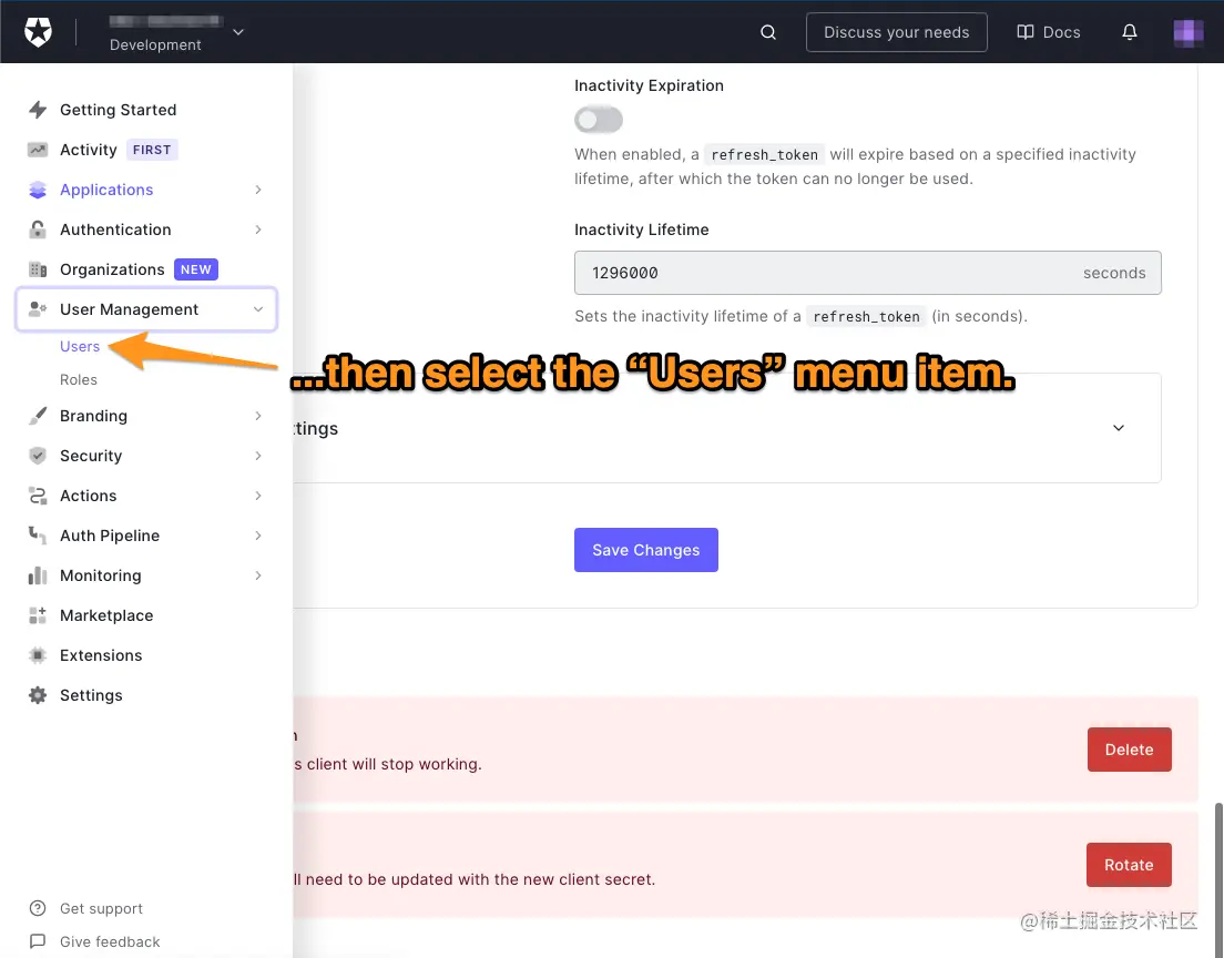 The bottom of the page now featuring an expanded “User Management” menu. An arrow directs the reader to expand the “Users” menu item.