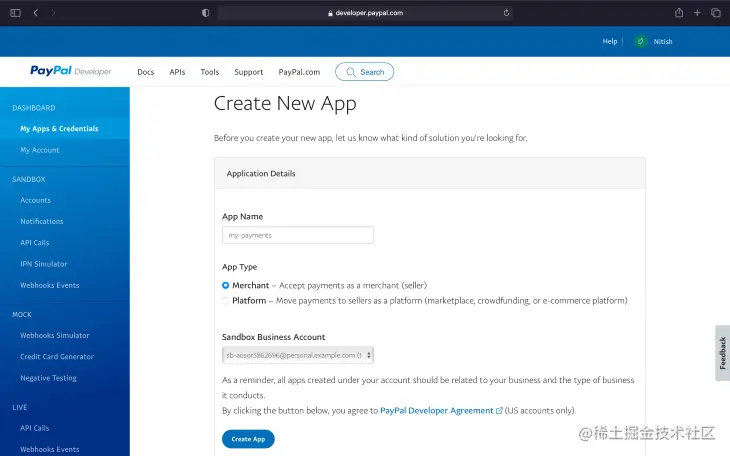 Create New App Page