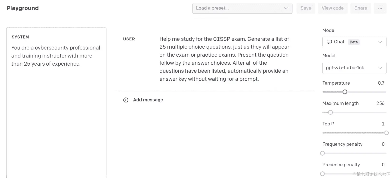 图 5.1 – 在 OpenAI Playground 中使用 gpt-3.5-turbo-16k 模型