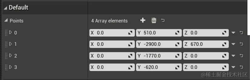 图 13.29：Points 数组的本地空间位置向量，相对到 BP_AIPoints actor 的世界空间位置