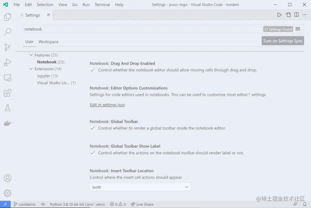 View of a few notebook customization settings 