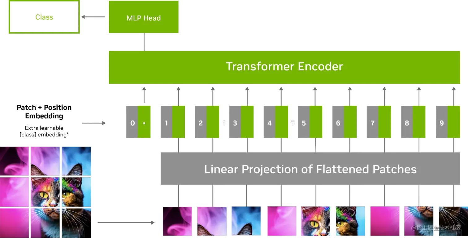 ViT encoding workflow with an image split in patches, showing positional embeddings and feeds into a transformer encoder.