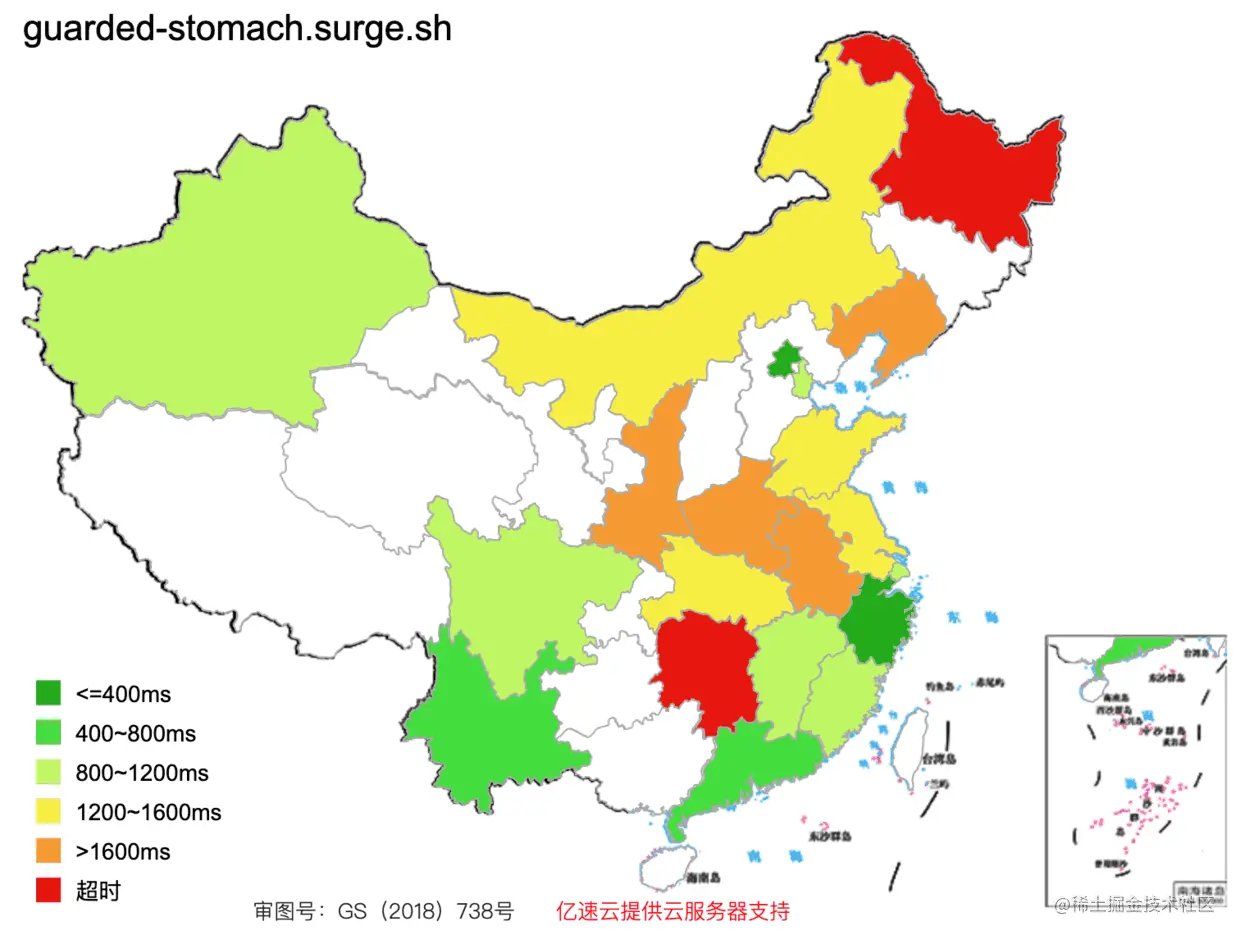 左图: 部署在 Surge.sh 的网站测速结果； 右图是提速后的测速结果。颜色代表网站的反馈时间，绿色代表快，越接近红色代表极慢甚至没法访问。