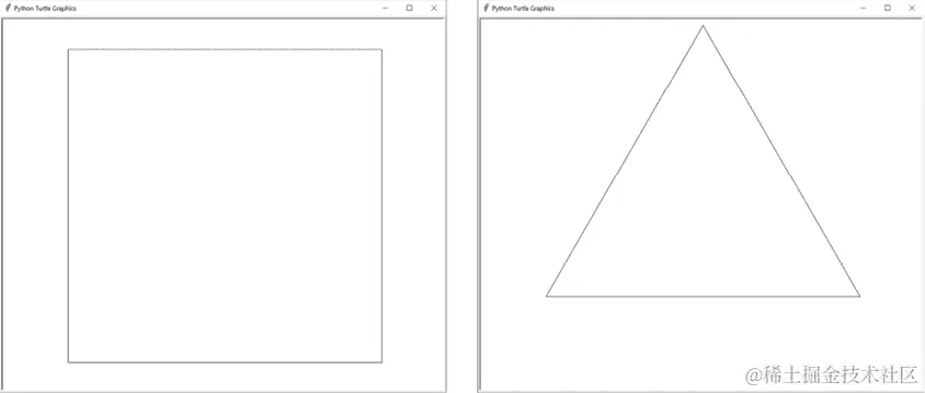 两个乌龟图形截图，一个显示正方形，另一个显示等边三角形的轮廓。