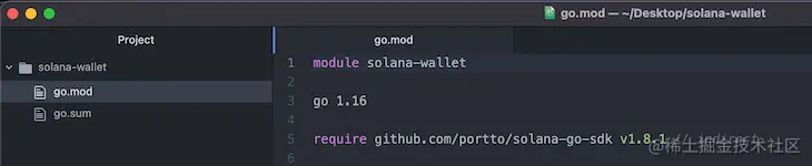 go.mod file after installing solana-go-sdk