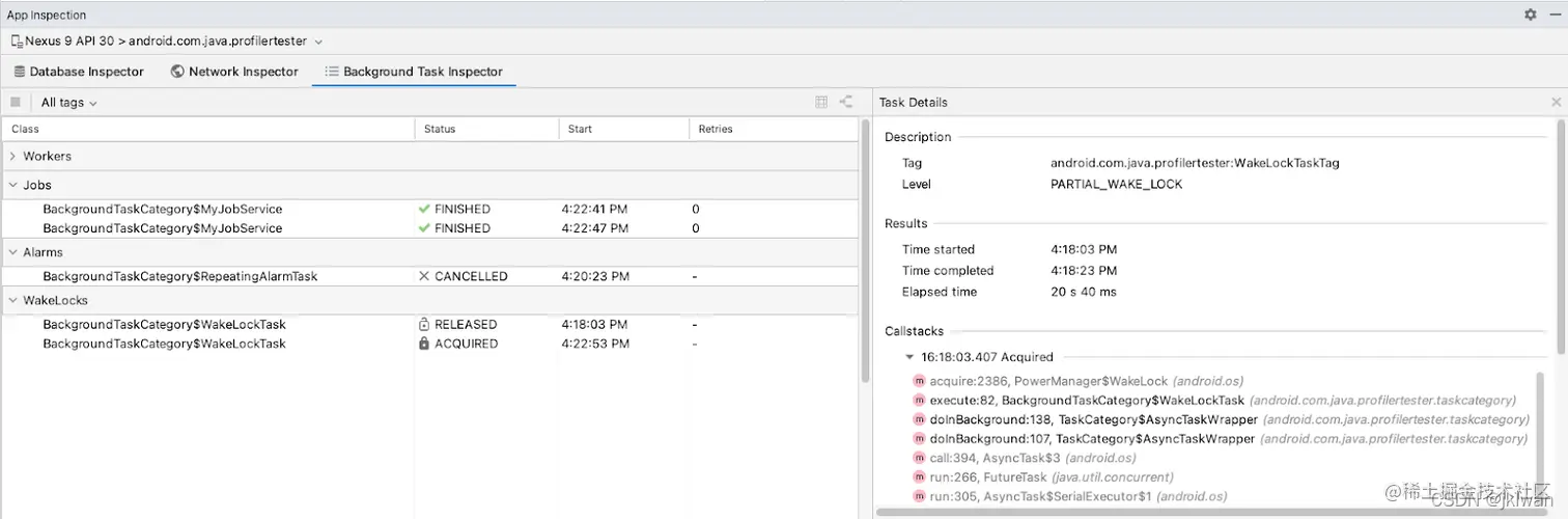 Inspect Jobs, Alarms, and Wakelocks in the Background Task Inspector