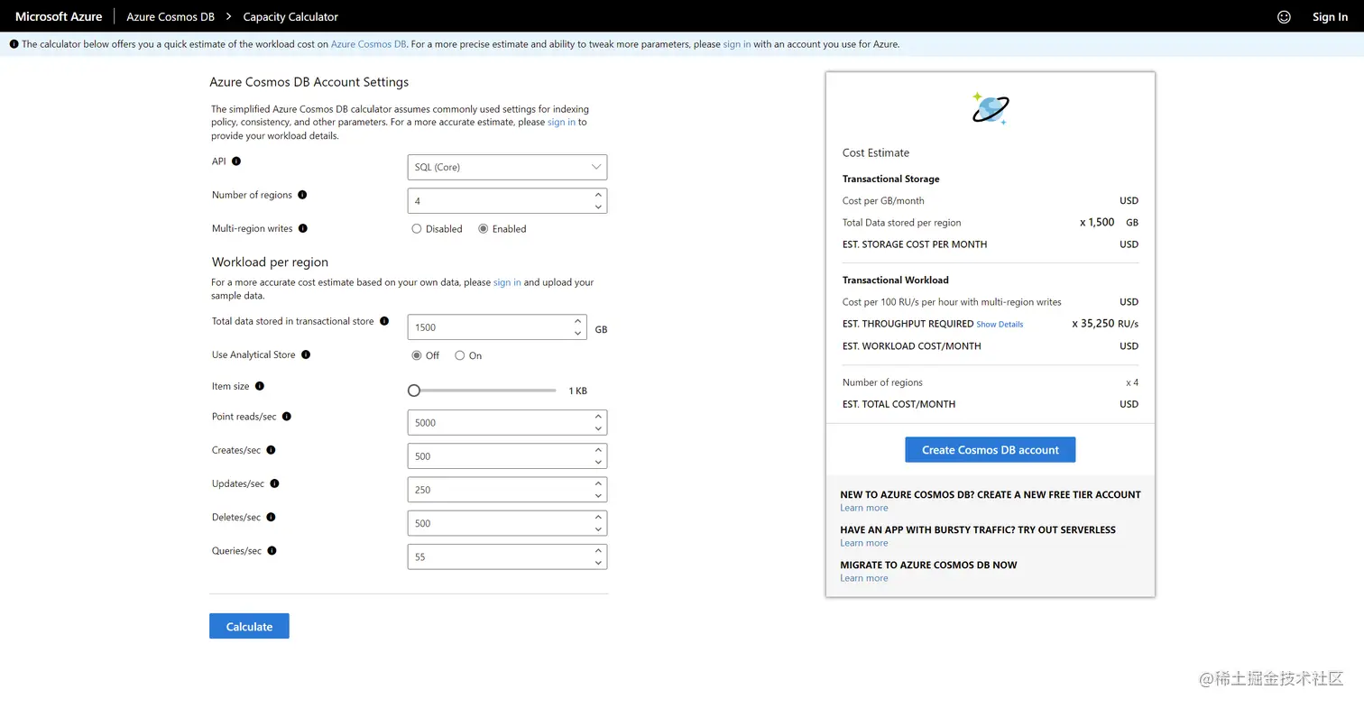 Cosmos DB Capacity Calculator. A form showing multiple fields like API, IO requirements, data estimate, replication, etc. Based on these values entered by the user, a cost estimate is created on the right side.