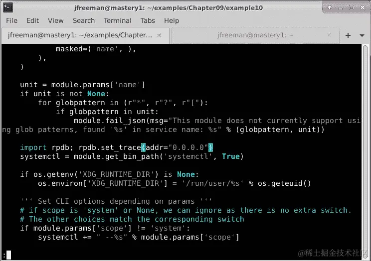 图 9.21 - 将远程 Python 调试器插入到 Ansible 模块代码中