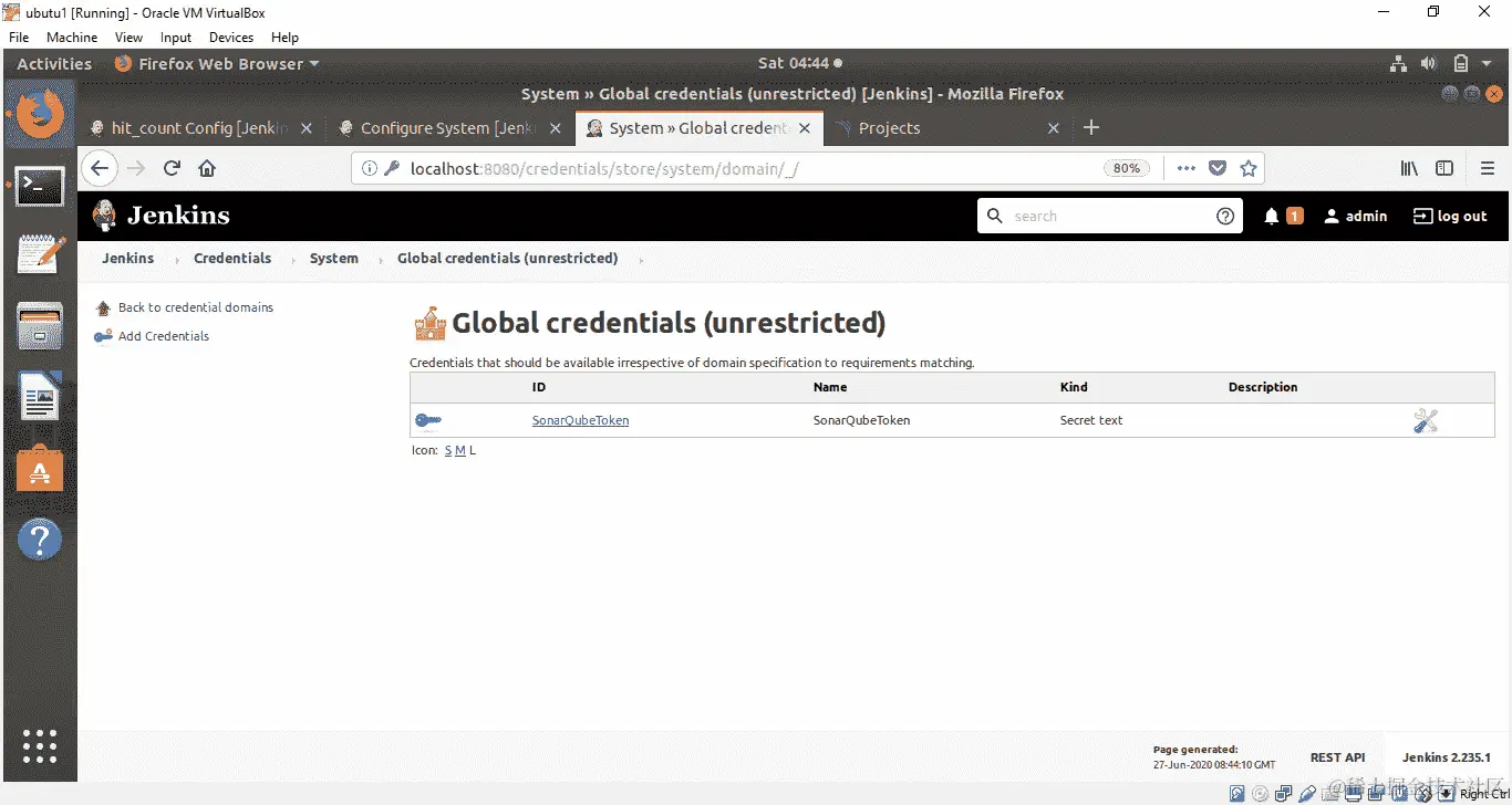 图 8.54：SonarQubeToken 保存在全局凭据中