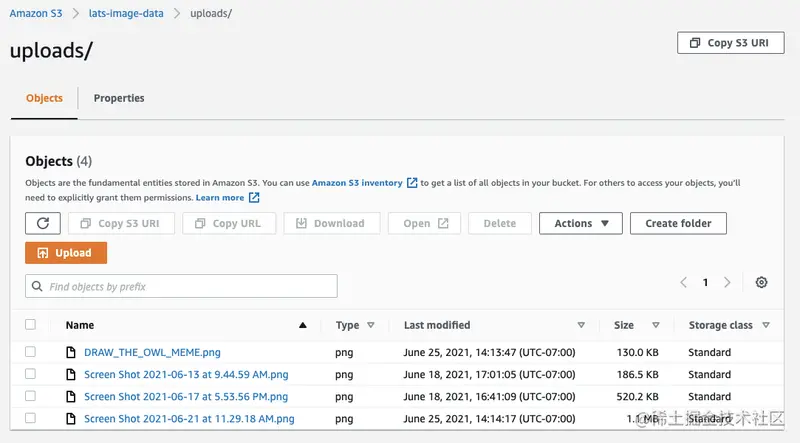 Amazon S3 bucket dashboard listing the name of file objects in the bucket