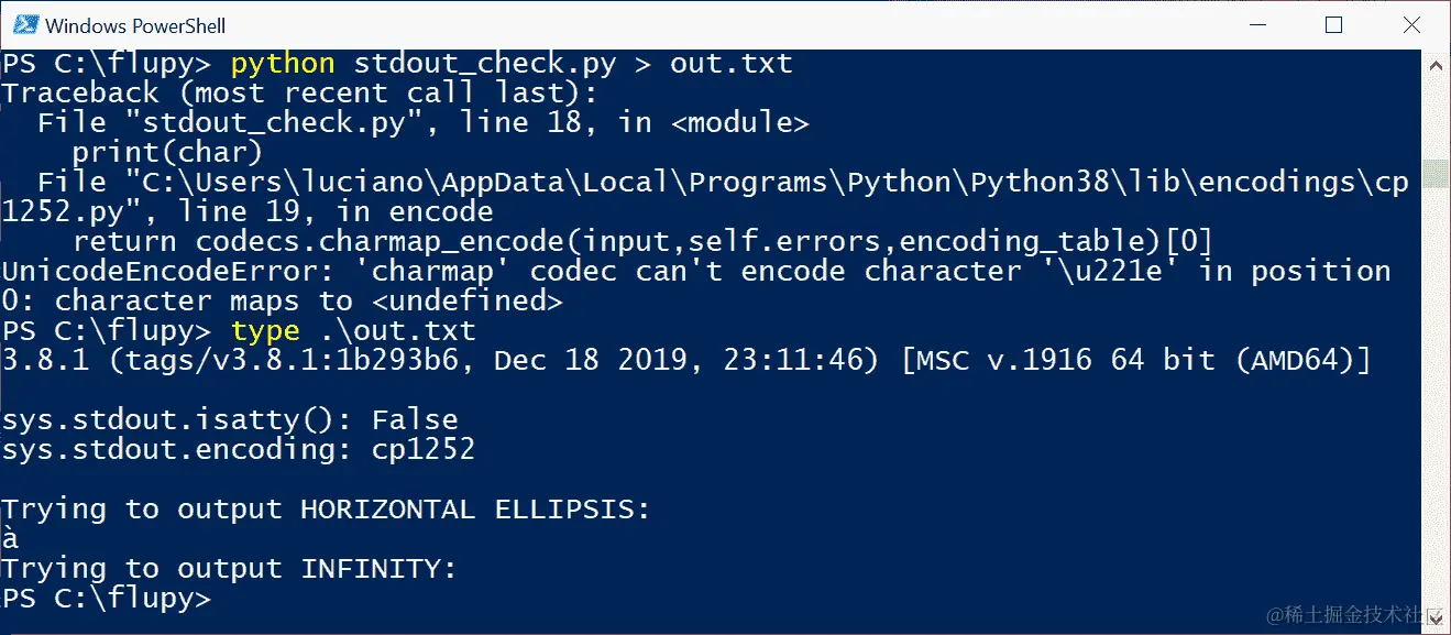 在 PowerShell 上的stdout_check.py的屏幕截图，重定向输出