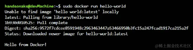 sudodocker run hello-world 命令的输出显示消息“Hello! from Docker”。