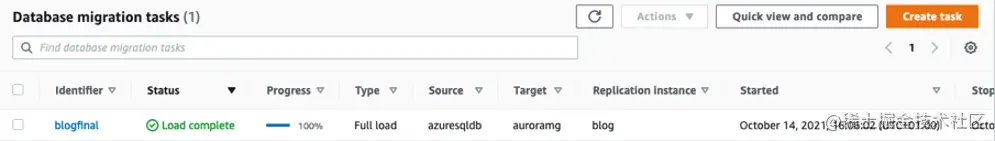 AWS DMS 迁移状态窗口