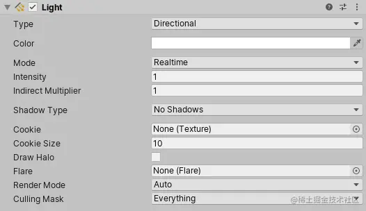 光源组件显示了各种值和引用属性