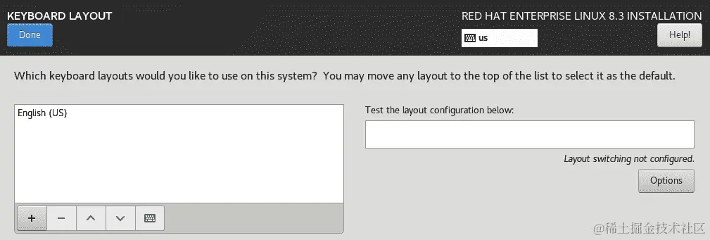 图 1.21 – RHEL8 安装 – 键盘选择对话框
