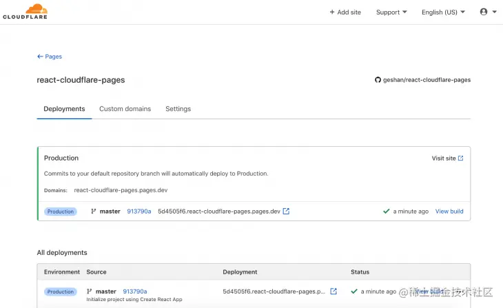 Screenshot of github repo successfully deployed in Cloudflare pages